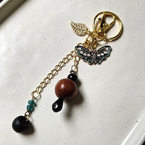 Handmade Earthy Keychain with Natural Stone Beads, Butterfly Accent - Picture 1 of 6